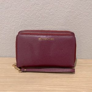 Michael Kors Double Zipper Continental Wristlet Burgundy Pebble Leather